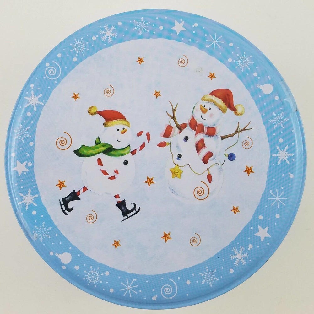 Round Christmas Tin with Snowman Snowflakes Repurpose paint decorate canjo